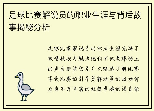 足球比赛解说员的职业生涯与背后故事揭秘分析