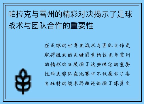 帕拉克与雪州的精彩对决揭示了足球战术与团队合作的重要性