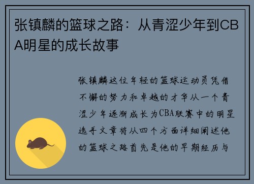张镇麟的篮球之路：从青涩少年到CBA明星的成长故事