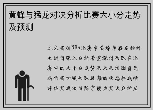 黄蜂与猛龙对决分析比赛大小分走势及预测