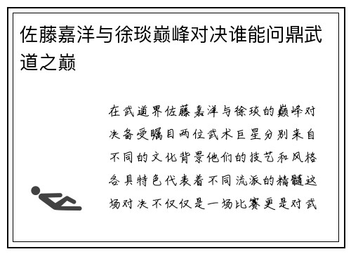 佐藤嘉洋与徐琰巅峰对决谁能问鼎武道之巅