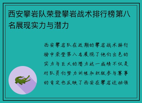 西安攀岩队荣登攀岩战术排行榜第八名展现实力与潜力
